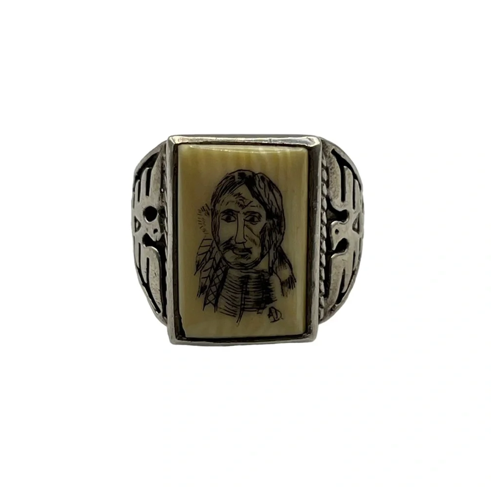 Fred Harvey Southwest Native American Thunderbird Carved Chief Silver Ring 9.5 - Picture 2 of 9
